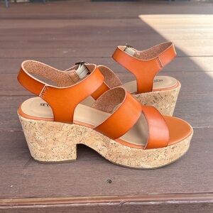 Seychelles Cognac Leather Strappy Cork Platform Sandals size 7